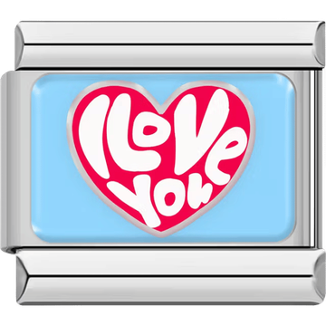 Red heart with playful white “I Love You” text on a light blue background.